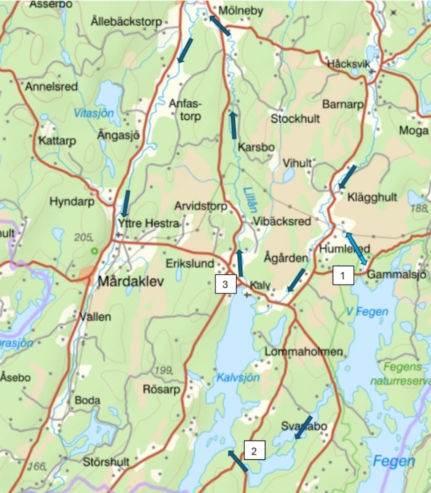 igur 3. Schematisk bild över flödena vid Fegens sjöreglering. 1. Fegens ursprungliga
sjöutlopp till Spångån (Spångalyckan). 2. Fegens nuvarande utlopp i Götshult. 3. Kalvsjöns
utlopp till Lillån